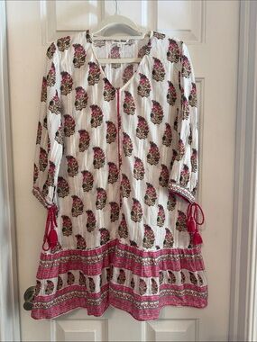 CELINA MOON White Floral Boho Tunic Dress coverup block print small